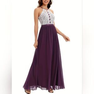 NEW Dressystar Purple Ballgown Halter Neck Lace Sleeveless Formal Evening Small